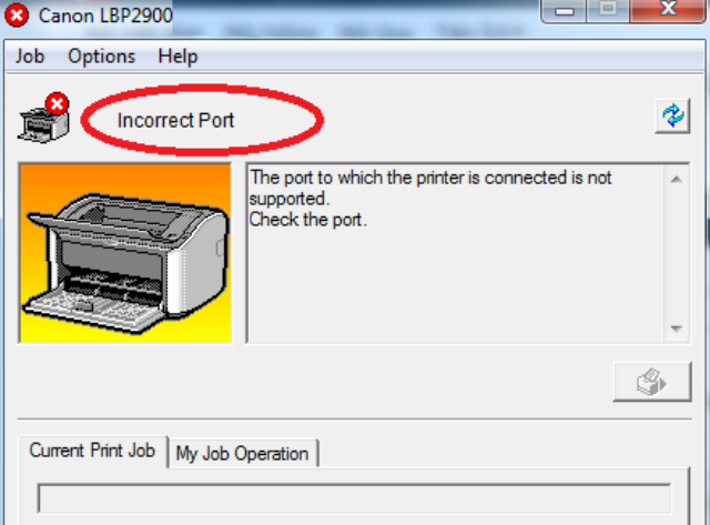 Máy in canon LBP2900 báo lỗi incorrect port